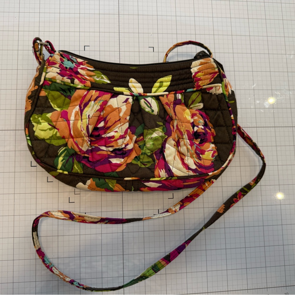 Vera Bradley Frannie English Rose Quilted Crossbody Bag - Brown Pink & Green